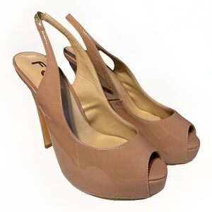 FSJ Nude Patent Slingback Peep Toe High Heels Women's Size 7 Dress Shoes